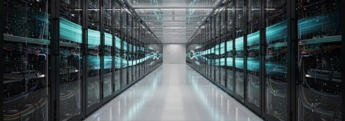 Innenansicht eines modernen Rechenzentrums mit symmetrisch angeordneten Serverracks und visualisiertem Kaltgang-Luftstrom. Die Aufnahme zeigt eine energieeffiziente Infrastruktur mit optimierter Kühlung und strukturierter Verkabelung | Friess Technik